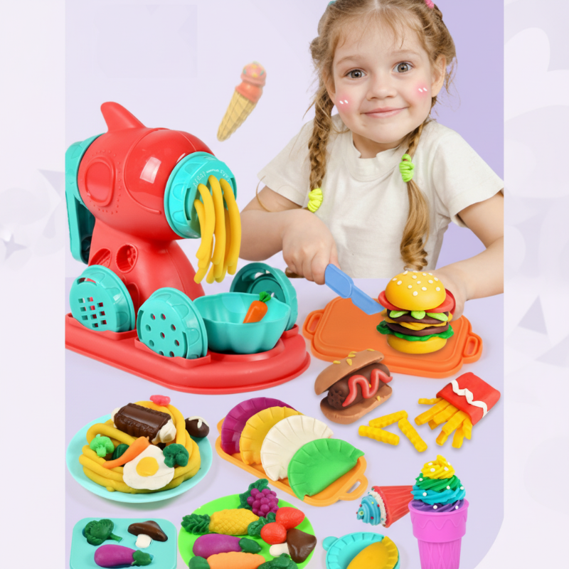 Child with a red clay noodle machine and colorful pretend food