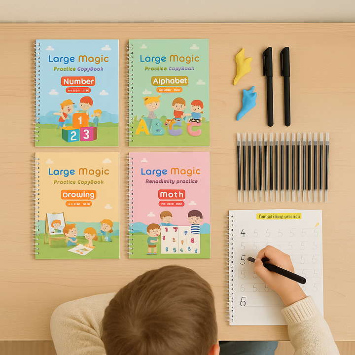 Child practicing number tracing beside four workbooks and writing accessories