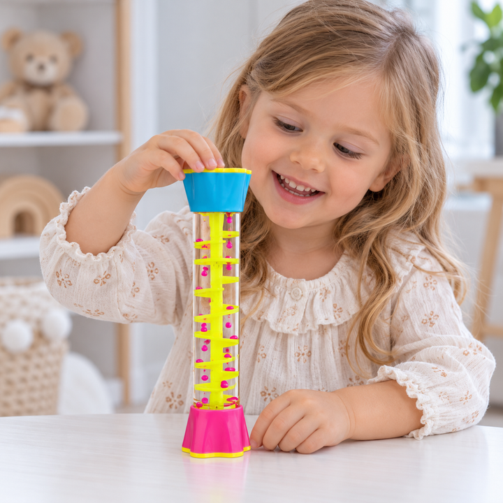 Child watching a spiral sensory tube at a table