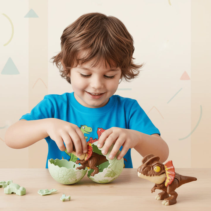 Child opening a dinosaur egg toy on a table beside a brown dinosaur figure