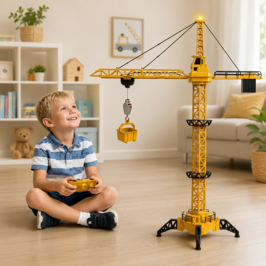 Child using a yellow remote controller beside a tower crane with a suspended bucket indoors.