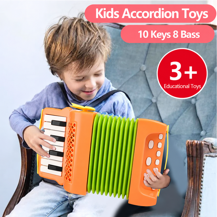 Child holding an orange toy accordion with green bellows