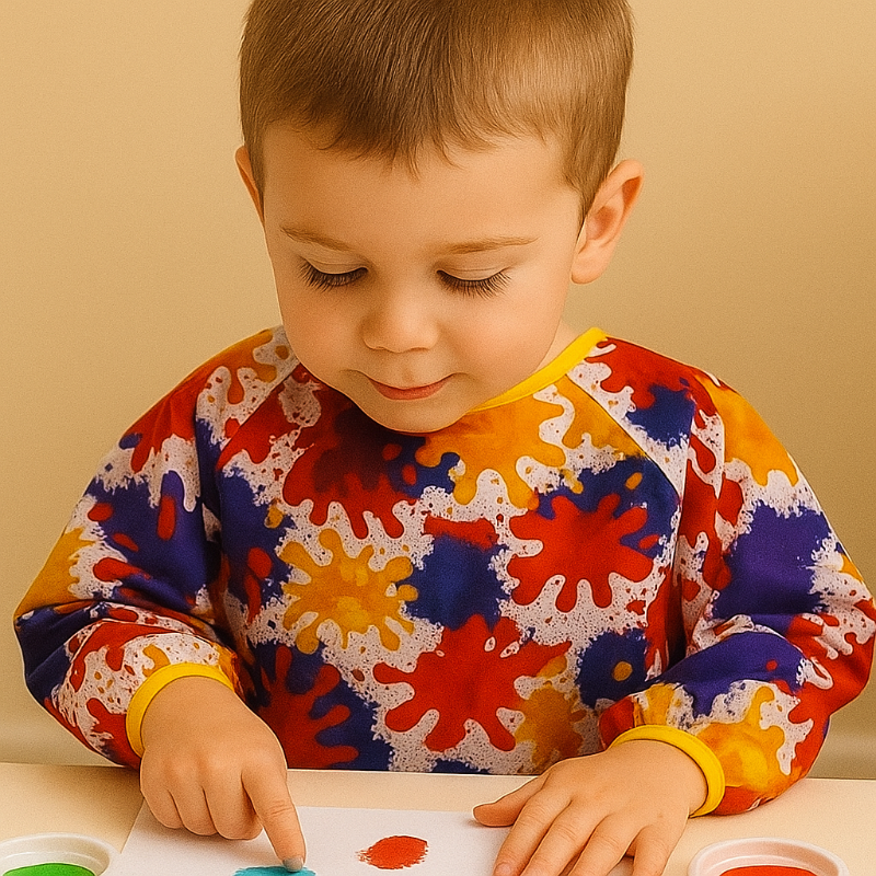 Child painting at a table while wearing a red multicolor splatter-print apron