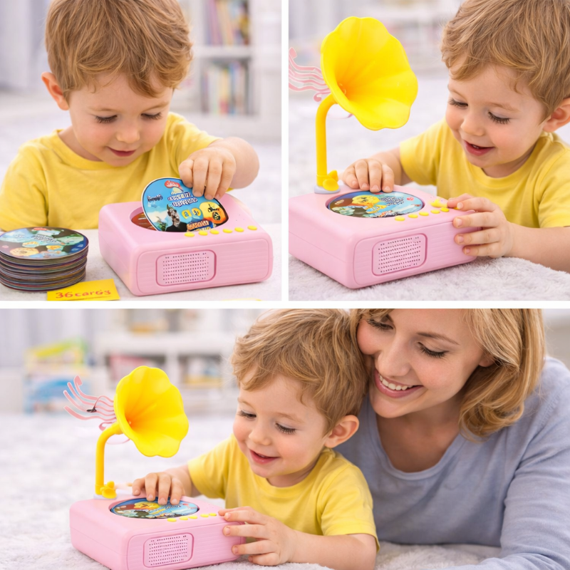 Child placing a card on a pink story player and listening alongside a parent