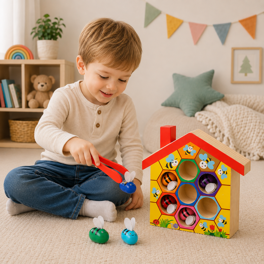 Child using red tweezers to pick up a blue bee beside the wooden sorting hive