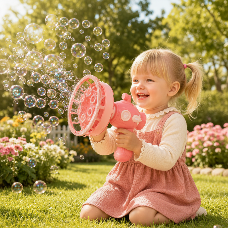 Child holding a pink bubble gun while playing on a garden lawn
