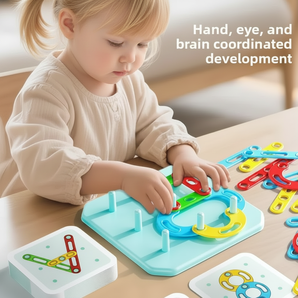 Child positioning colorful shapes on a pegboard with pattern cards nearby