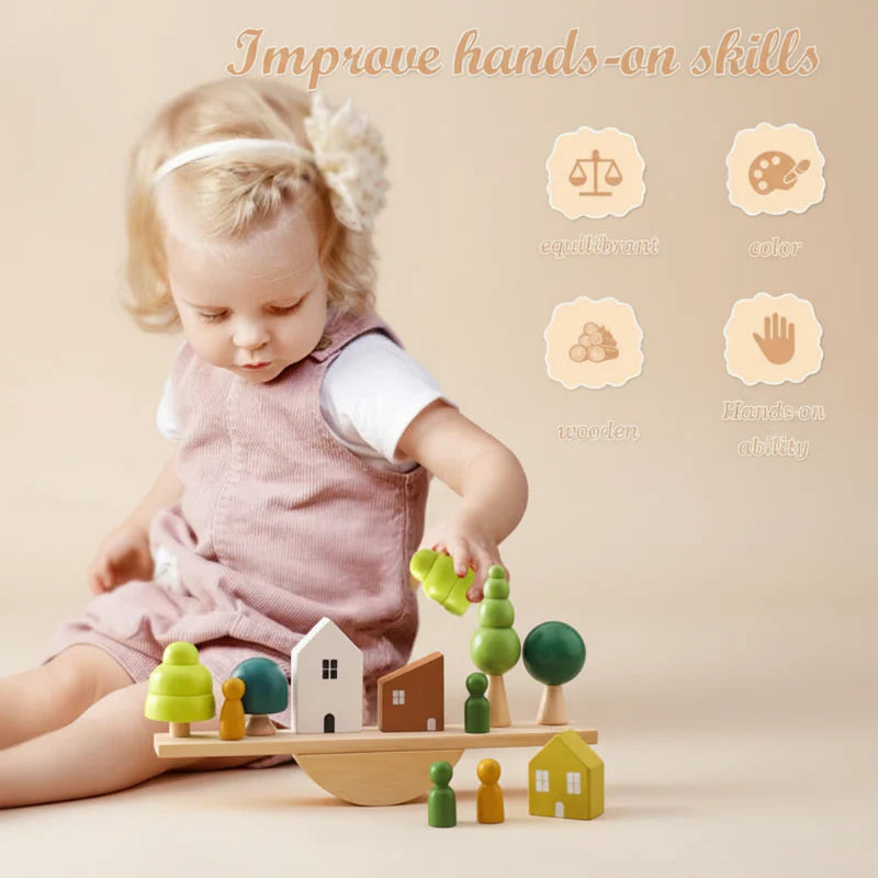 Child placing a green tree on a wooden balancing board with house pieces