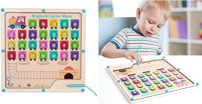 Alphabet matching board beside a child guiding pieces with the magnetic stylus