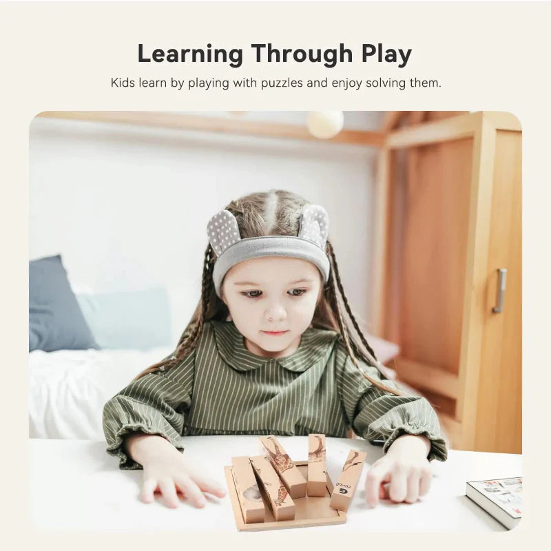 Child arranging chunky wooden animal blocks in the storage tray