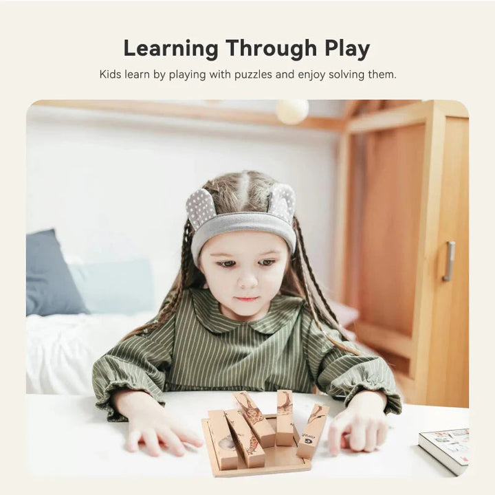Child arranging chunky wooden animal blocks in the storage tray