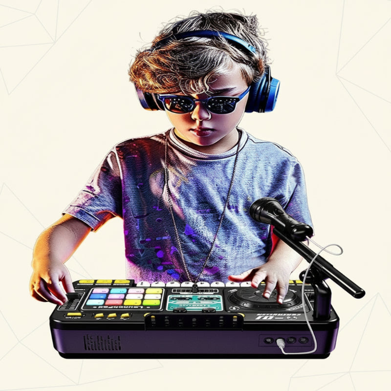 Child wearing headphones and playing a black DJ mixer toy with colorful buttons and a microphone