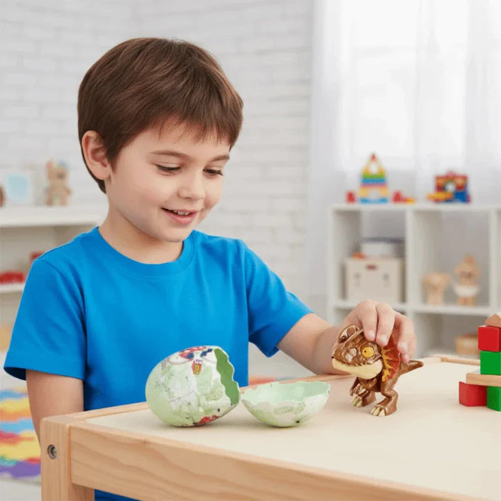 Child playing with a brown dinosaur figure beside an opened egg on a table