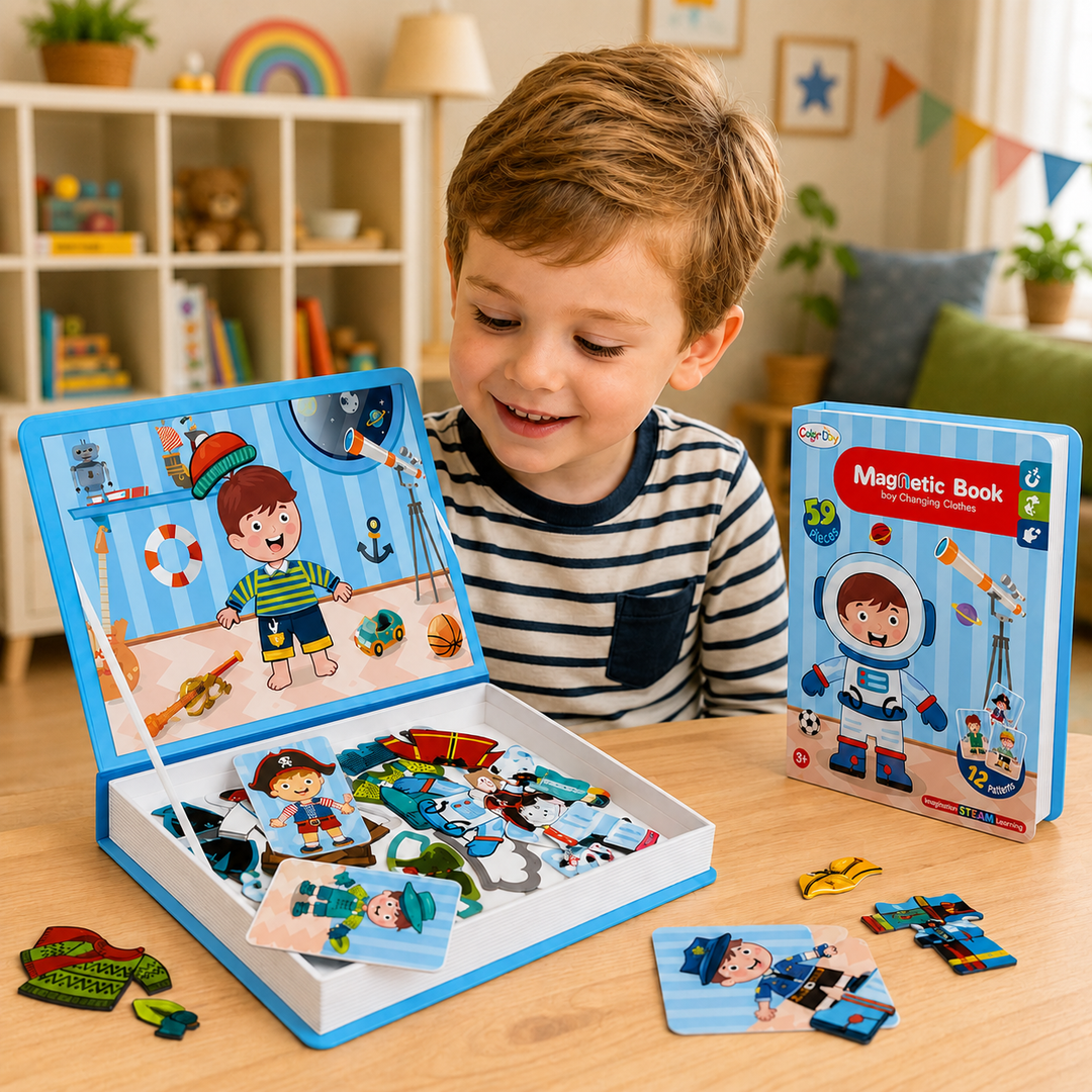 Child arranging outfit pieces in an open blue magnetic puzzle book