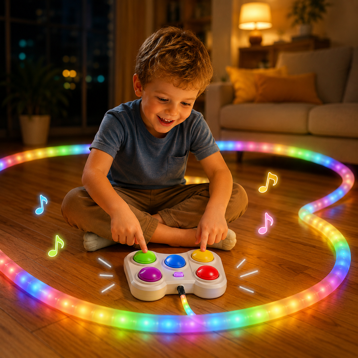 Child playing the color-button game on a wooden floor inside a loop of multicolor lights