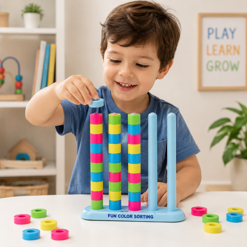 Child placing a ring on a blue stacking stand with multicolored rings