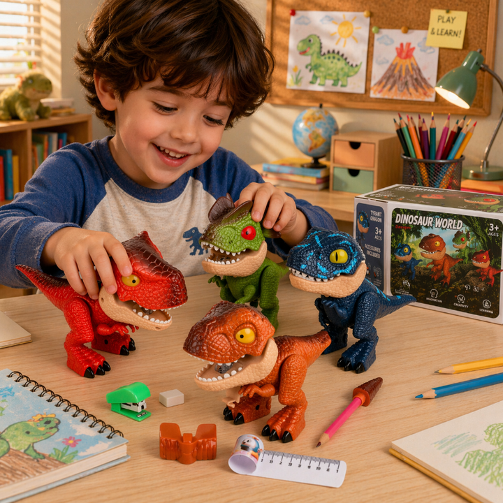 Child playing with four dinosaur desk figures beside stationery supplies