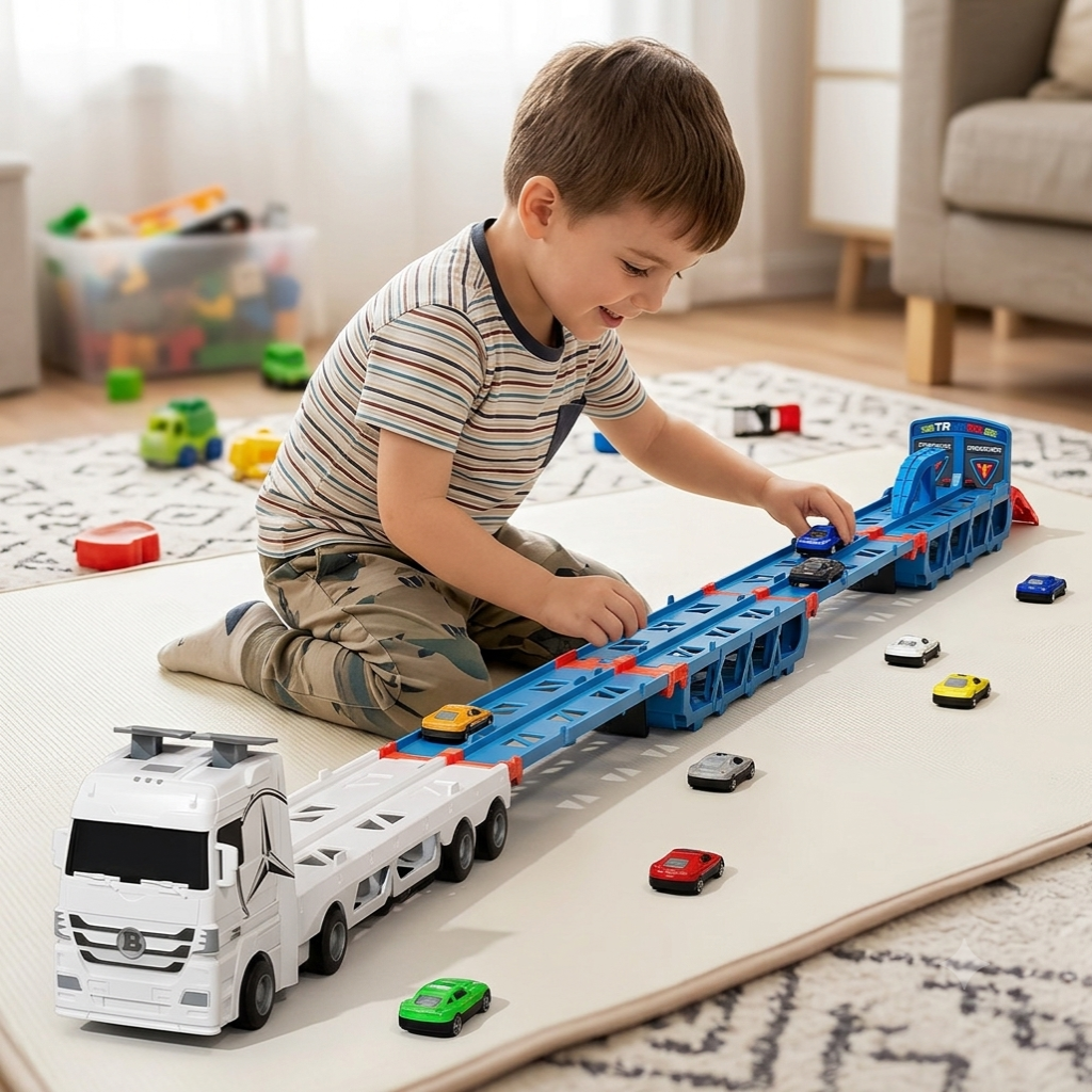 Child playing with the car transporter extended into a long blue track on the floor