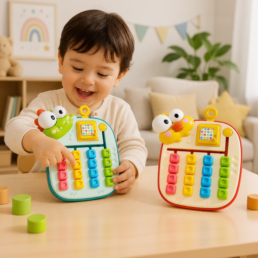 Child moving tiles on the green sliding puzzle with the yellow version beside it