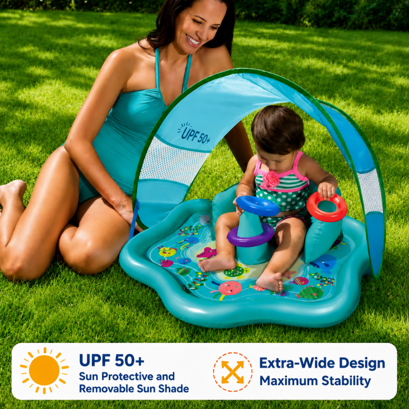 Child playing with colorful rings in a canopied baby pool beside an adult on the lawn