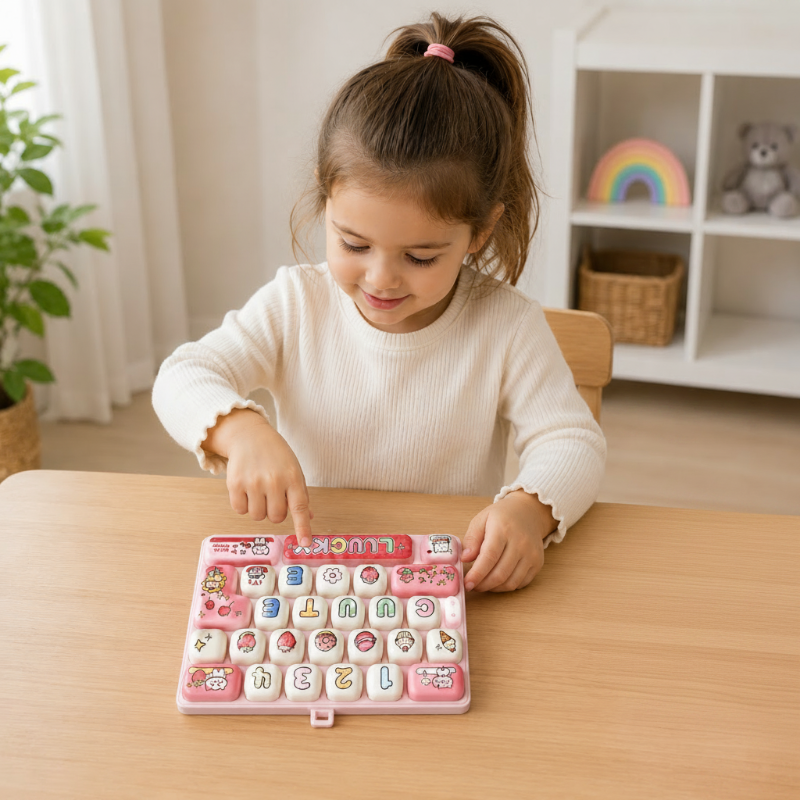 Child pressing the keys on a pink fidget keyboard at a wooden table