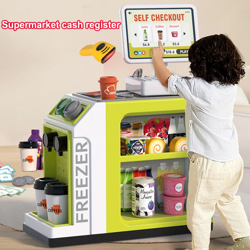 Child standing at a pretend supermarket register stocked with play groceries
