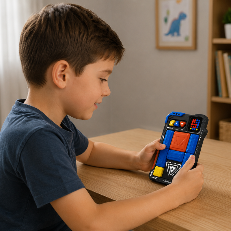 Child holding the electronic sliding puzzle at a wooden table