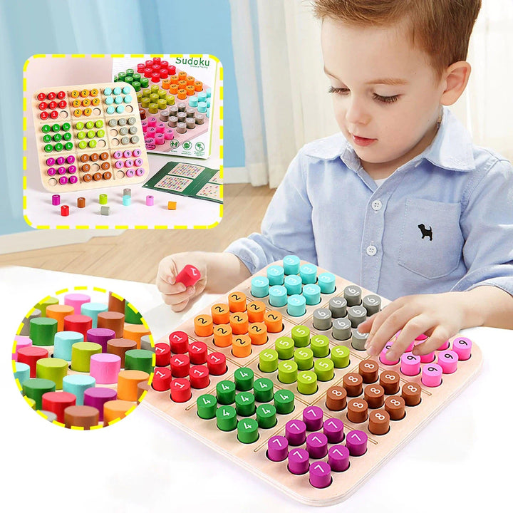 Child playing with the Sudoku board beside inset views of the set and colorful pieces