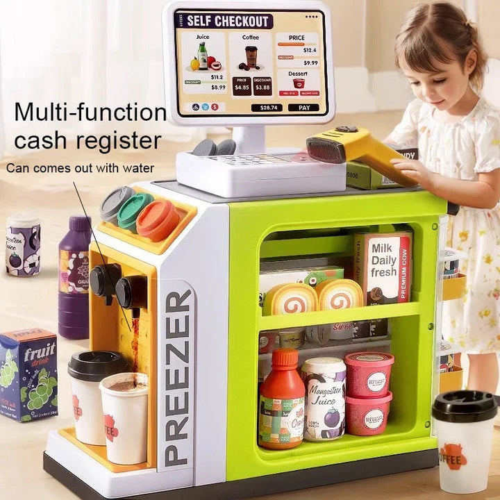 Child playing with a green toy checkout, handheld scanner, stocked shelves, and cups