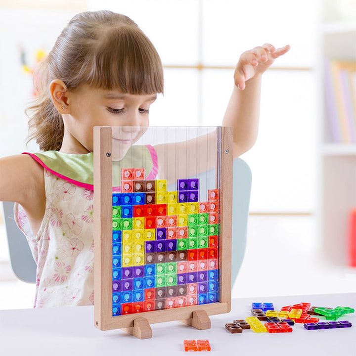 Child playing with colorful puzzle blocks in a freestanding wooden frame.