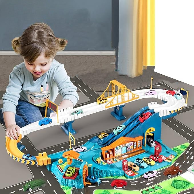 Child playing with an elevated toy car track featuring a yellow bridge and blue ramp.