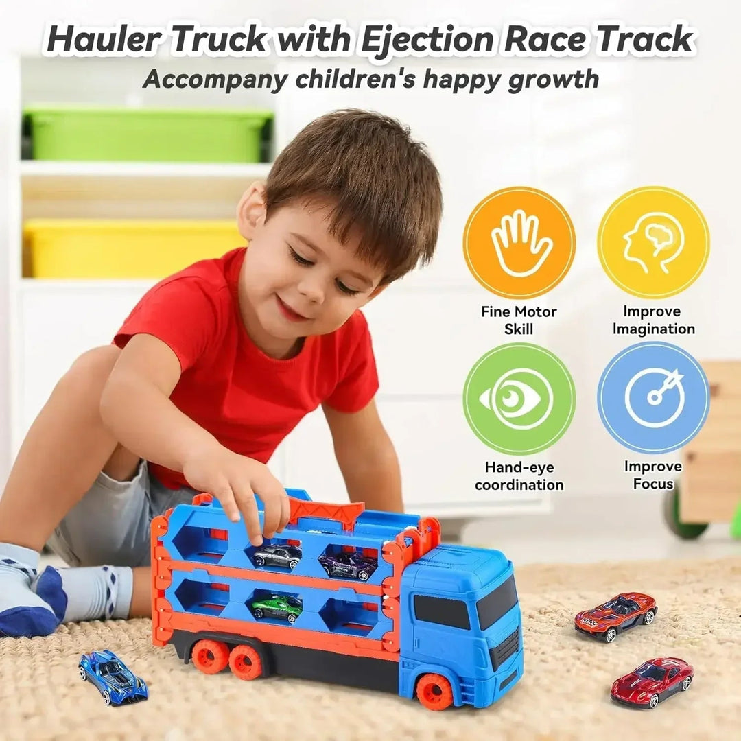Child playing with a blue car carrier toy truck and mini cars on a rug.