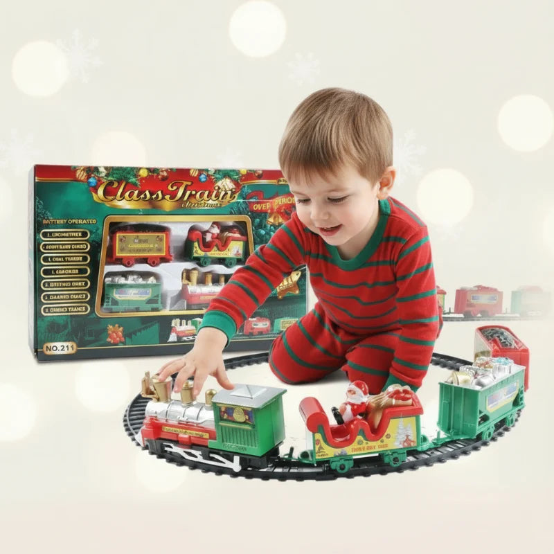Child playing with a Christmas train on a loop of black track beside its box.