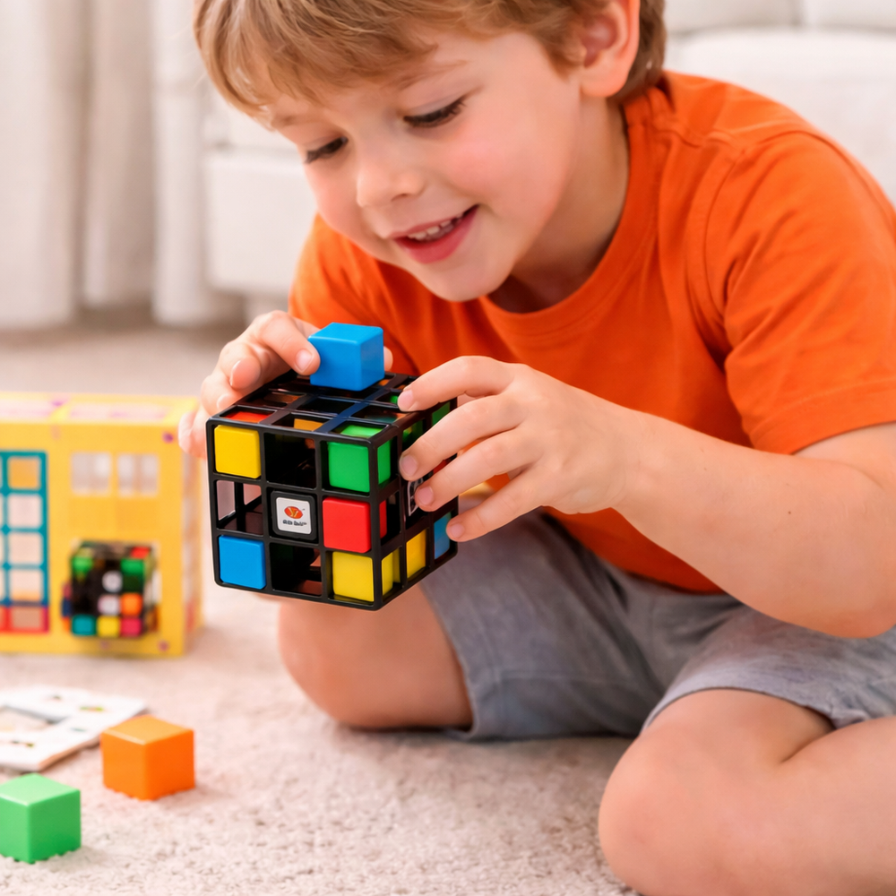 Child playing with a black open-frame puzzle cube and colored blocks
