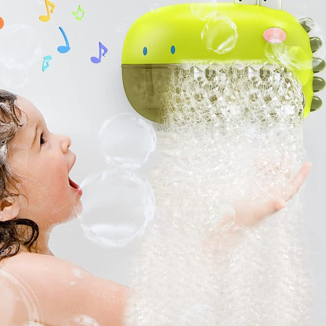 Child playing with bubbles beneath a green dinosaur bath toy