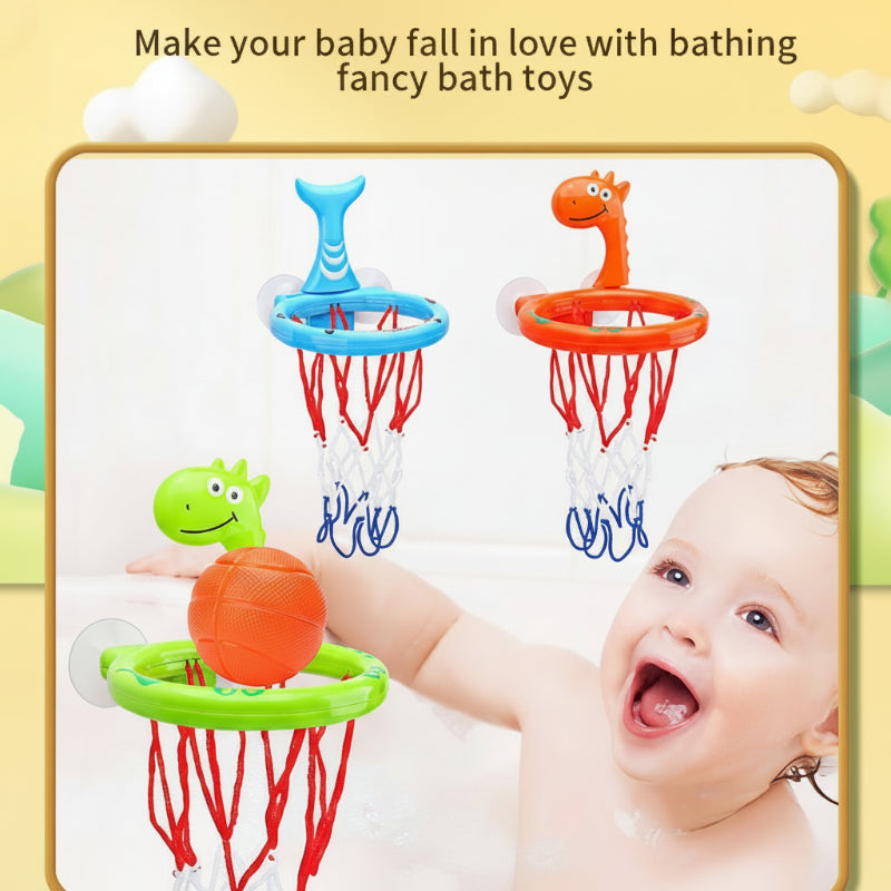 Child reaching toward a green bath basketball hoop, with blue whale and orange hoops above