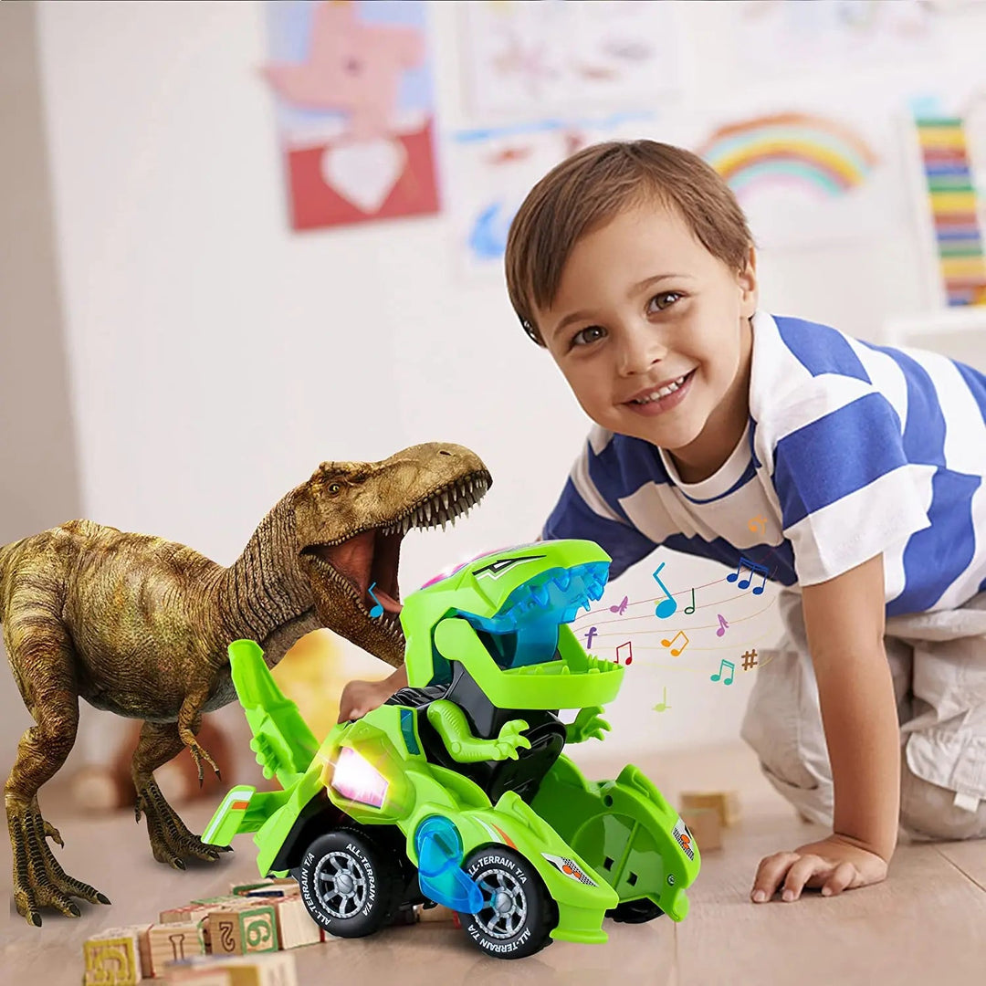 Child playing on the floor with a green dinosaur robot car beside a dinosaur figure