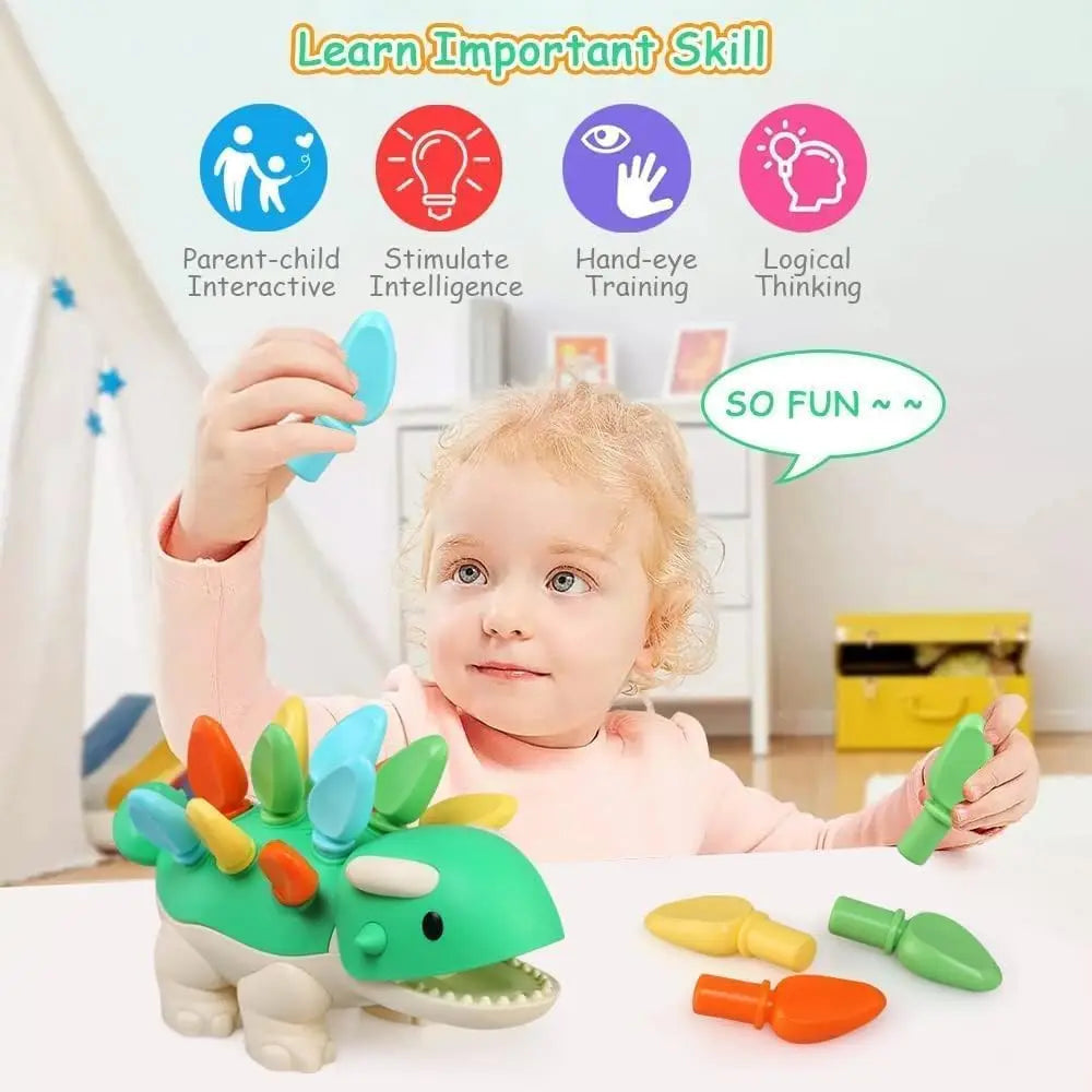 Child holding colorful spikes beside a green dinosaur learning toy