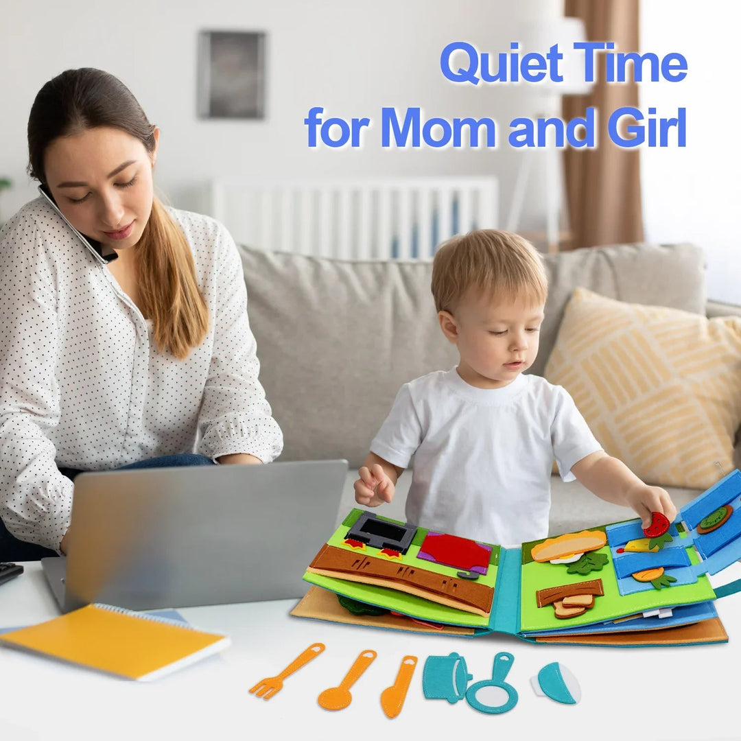 An open fabric activity book and loose play utensils on a table beside a child and an adult