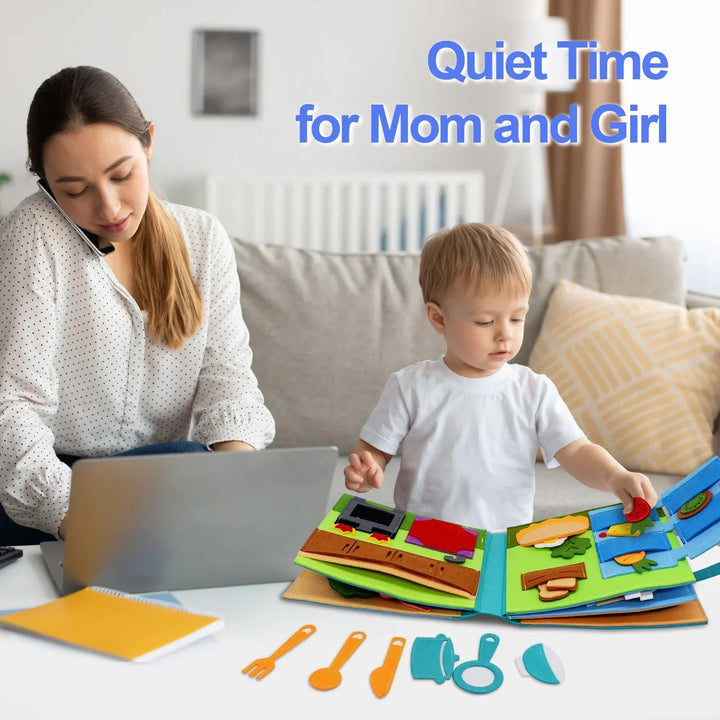 An open fabric activity book and loose play utensils on a table beside a child and an adult