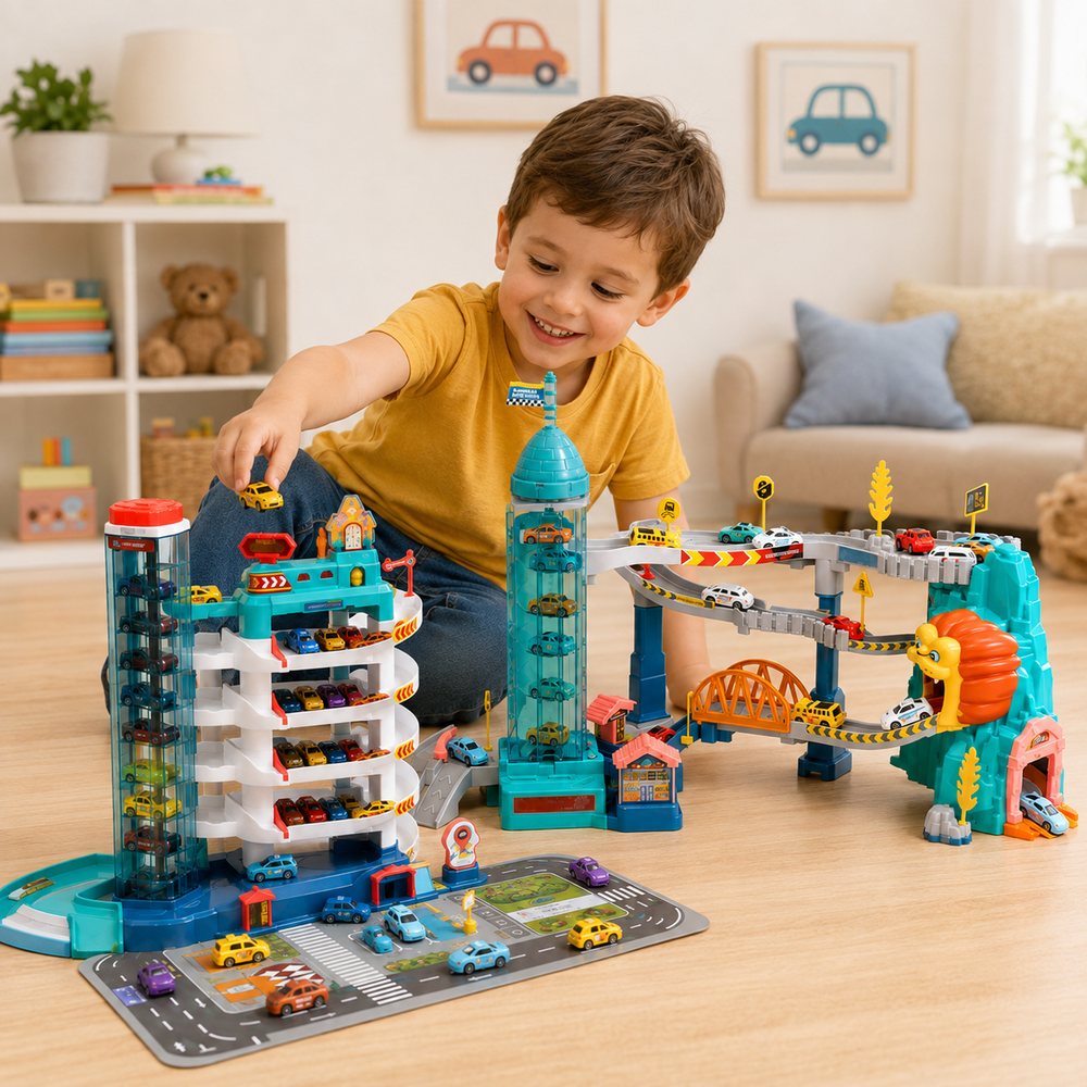 Child playing with cars on the parking garage beside the Lion Mountain highway.