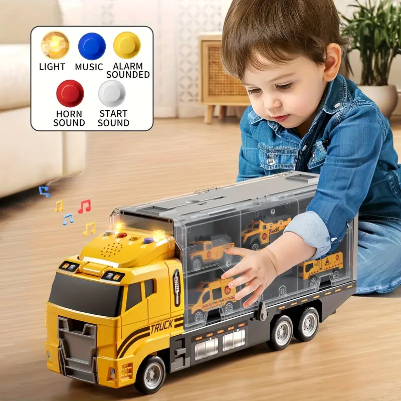Child playing with a yellow toy carrier beside a graphic showing light and sound controls.