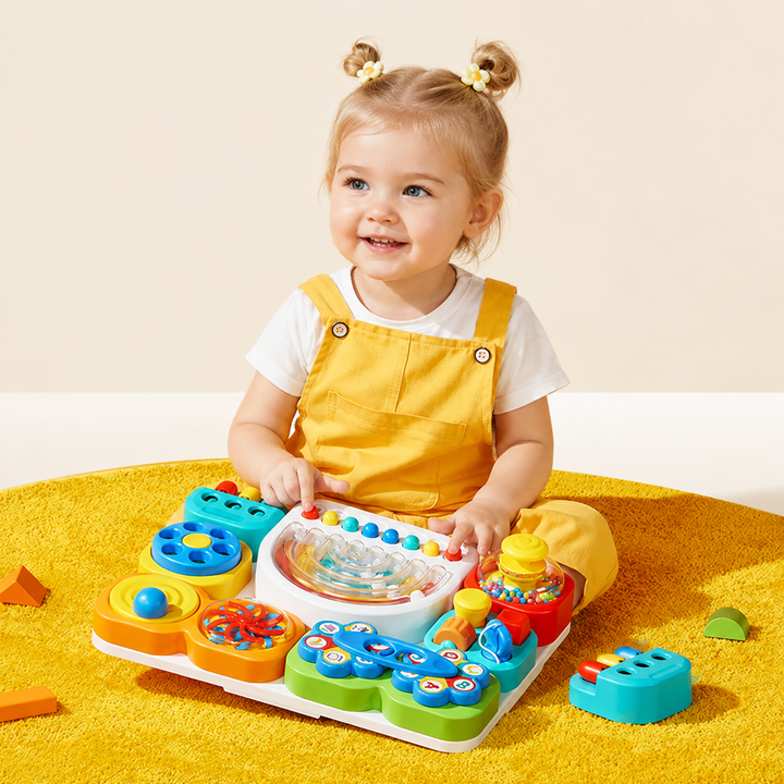 Child playing with a modular sensory activity board and detached pieces on a yellow rug