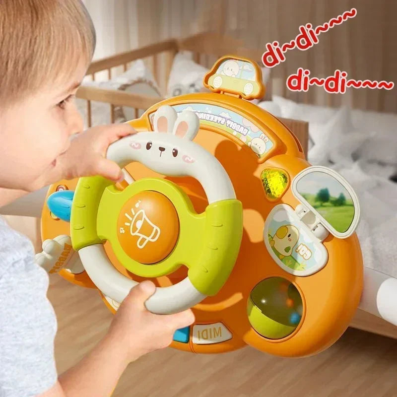 Child exploring an orange toy dashboard with a green-and-white steering wheel