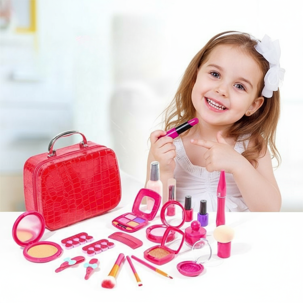 Child playing with a toy makeup set beside a red carry case