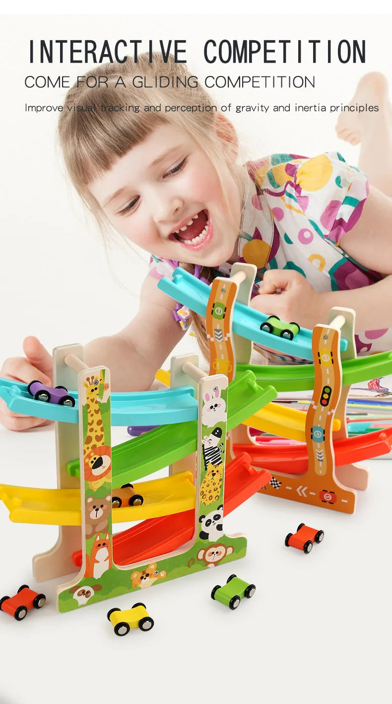 Child playing with Traffic and Animals wooden ramp racers