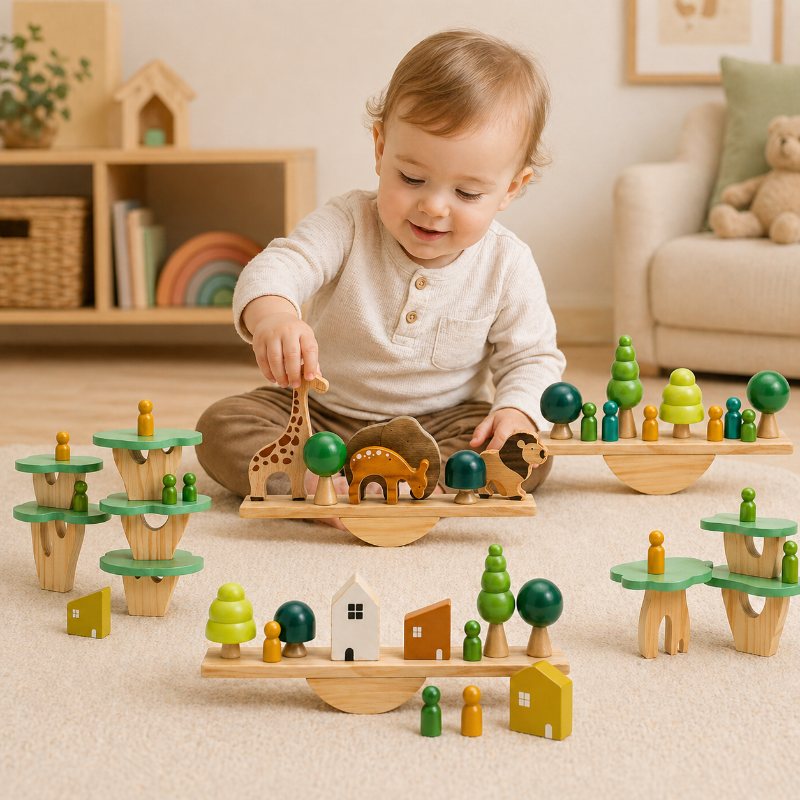 Child arranging animal pieces on a wooden balance board beside house and tree designs