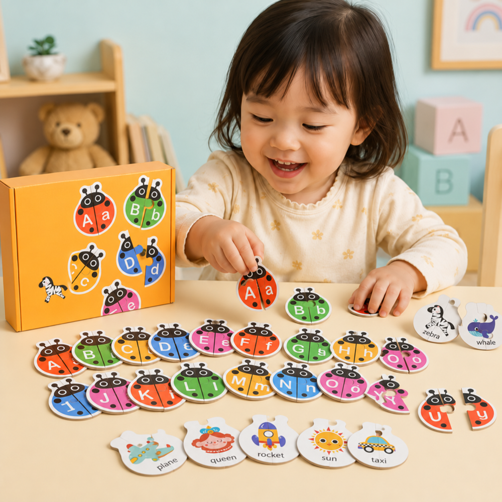 Child matching colorful wooden ladybug letters at a table beside the puzzle box