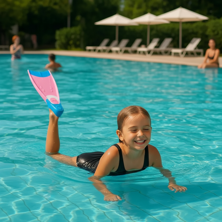 Child in a swimming pool lifting a foot wearing a pink-bladed swim fin.