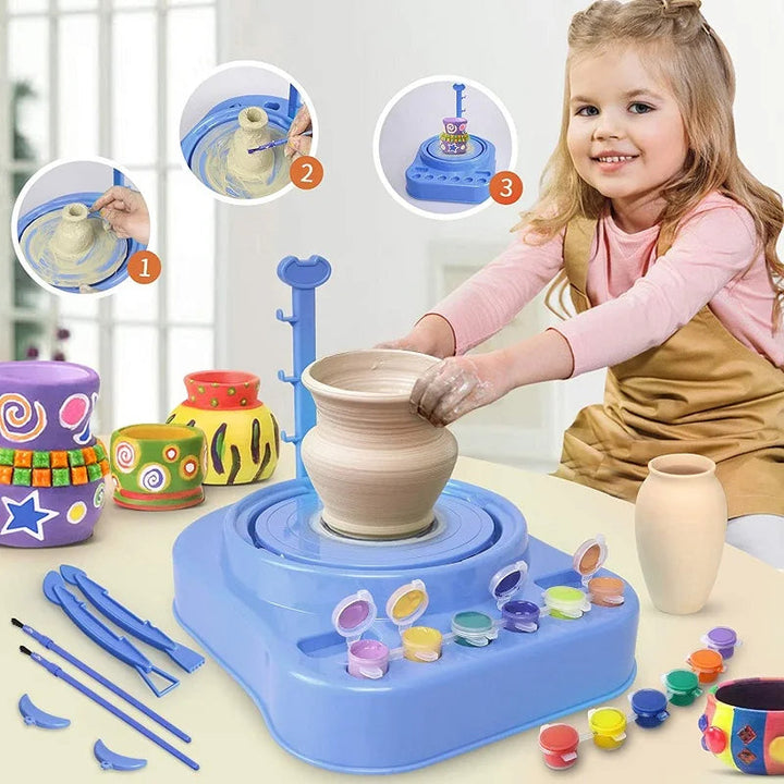 Child shaping a clay vase on a blue pottery wheel, with sculpting tools and paints nearby